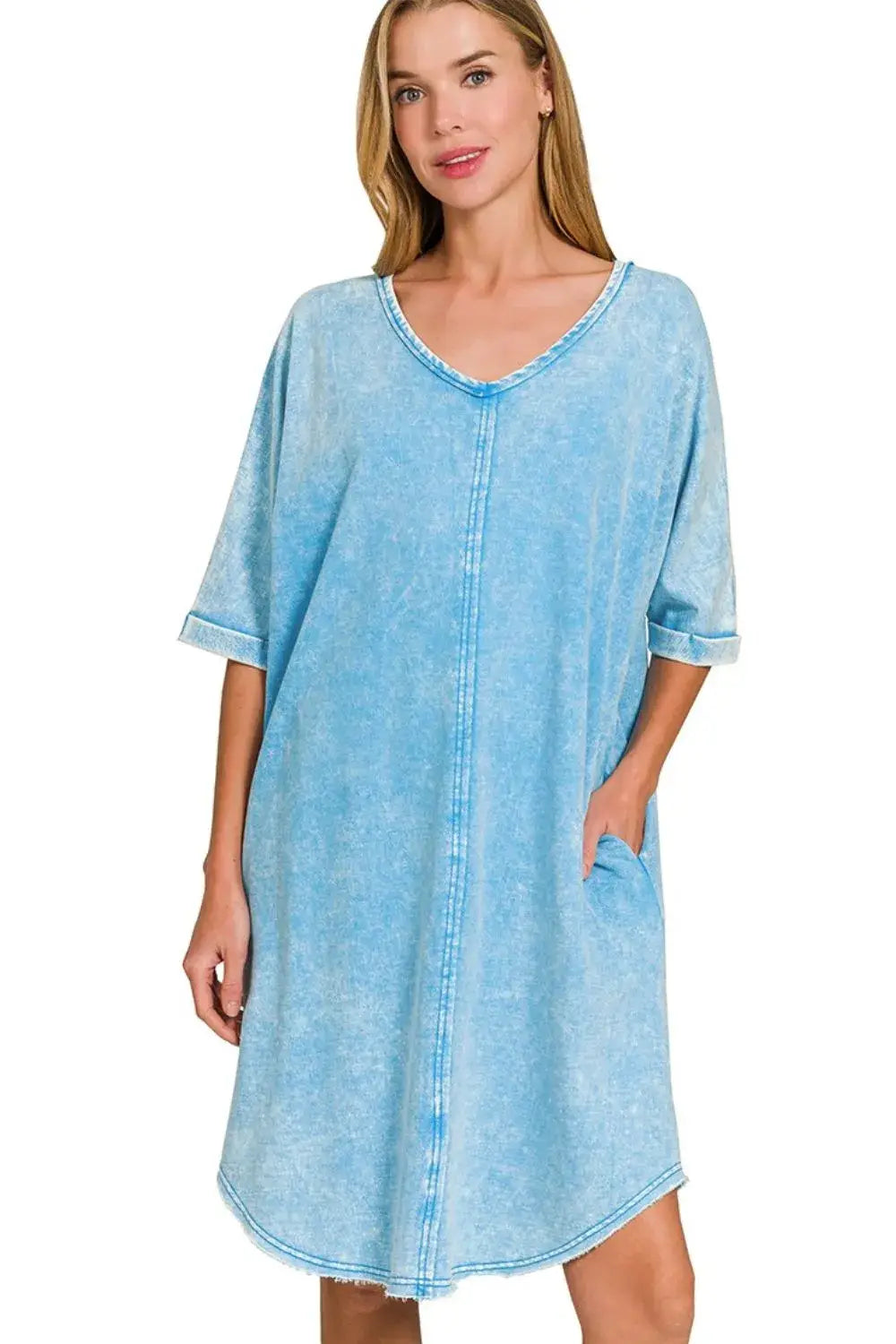 Zenana Acid-washed French Terry Tee Shirts Dress - Trendsi - Flyclothing LLC
