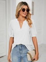 Florira Eyelet Notched Short Sleeve T-Shirt - Trendsi - Flyclothing LLC