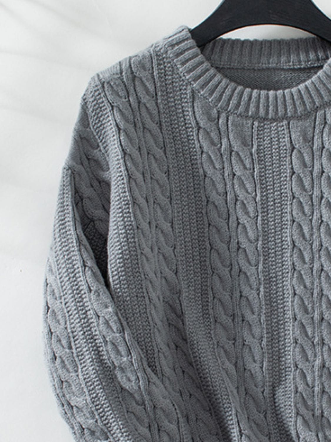 Cable-Knit Round Neck Long Sleeve Sweater - Trendsi