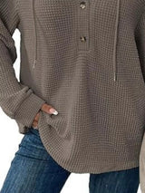 Full Size Button Detail Waffle Knit Hoodie Plus Size - Trendsi - Flyclothing LLC