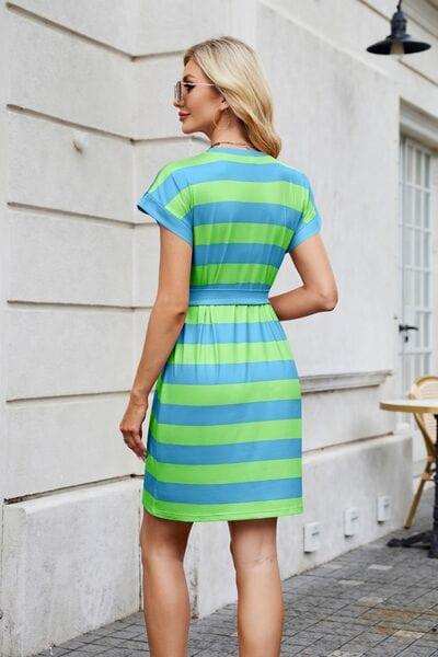 Tied Contrast Striped Short Sleeve Mini Tee Dress - Trendsi - Flyclothing LLC