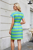 Tied Contrast Striped Short Sleeve Mini Tee Dress - Trendsi
