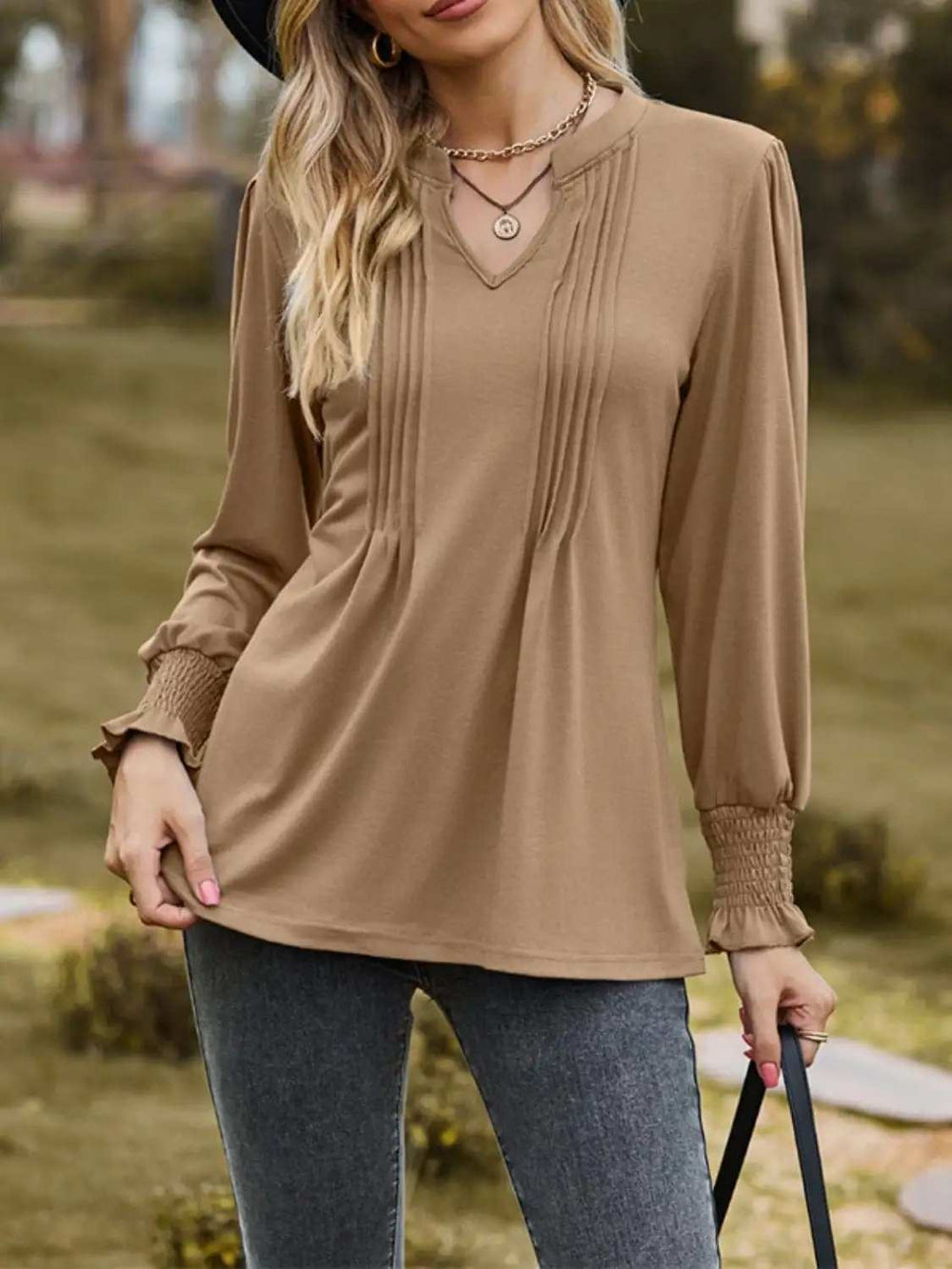 Ruched Notched Long Sleeve T-Shirt - Trendsi - Flyclothing LLC
