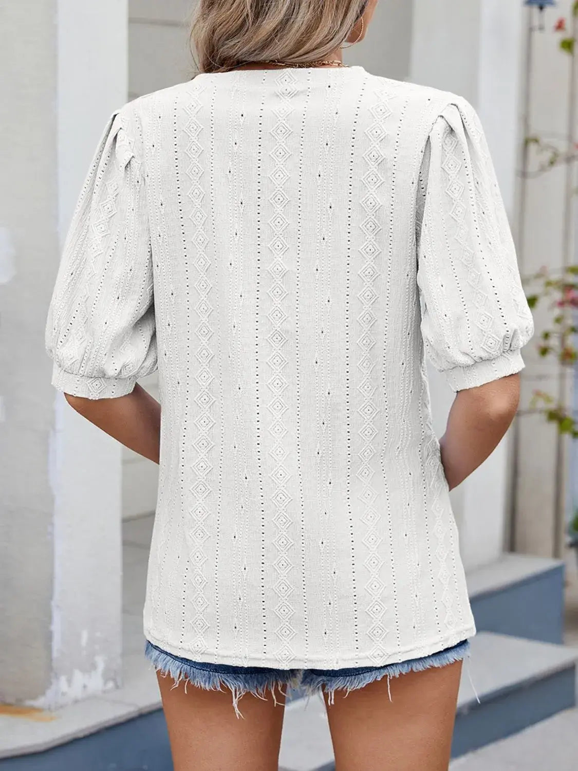 Puff Sleeve V-Neck Eyelet Lace T-Shirt - Trendsi - Flyclothing LLC