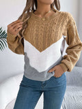 Cable-Knit Color Block Round Neck Sweater - Trendsi - Flyclothing LLC