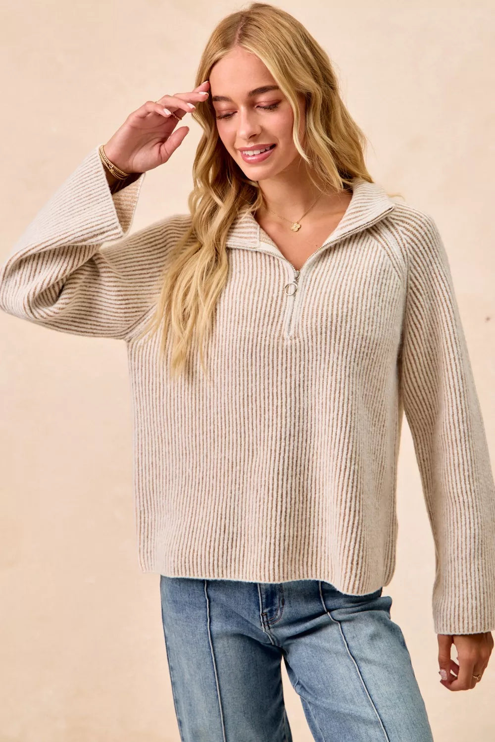 BiBi Two Tone Rib Texured Knit Collared Top with Zip Up - Trendsi - Flyclothing LLC