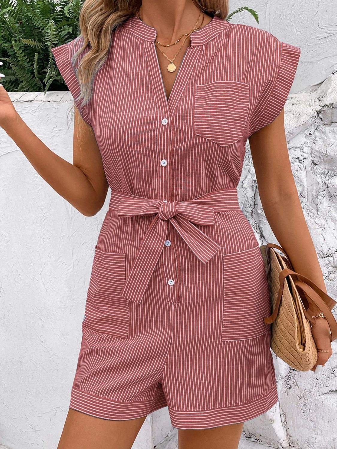 Striped Notched Tie Waist Romper - Trendsi - Flyclothing LLC