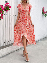 Ruffled High-Low Printed Short Sleeve Midi Dress - Trendsi - Flyclothing LLC