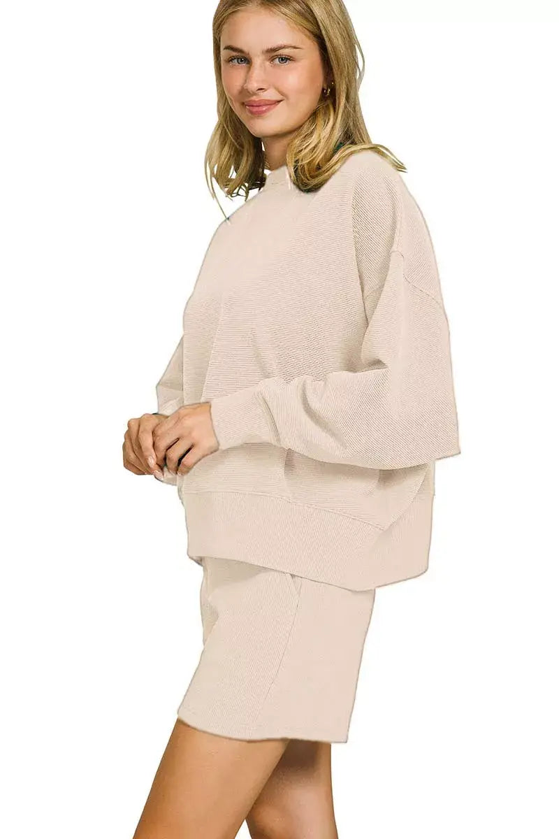 Zenana Ribbed Round Neck Pullover and Shorts Set - Trendsi - Flyclothing LLC