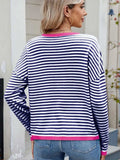 Striped Contrast Round Neck Long Sleeve Sweater - Trendsi - Flyclothing LLC