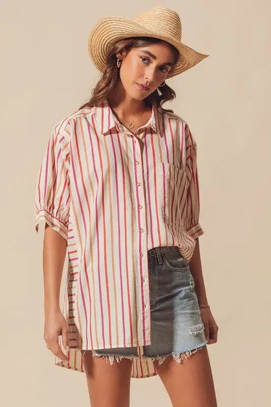 SO ME Multicolored Stripe Button Down Shirt - Trendsi - Flyclothing LLC
