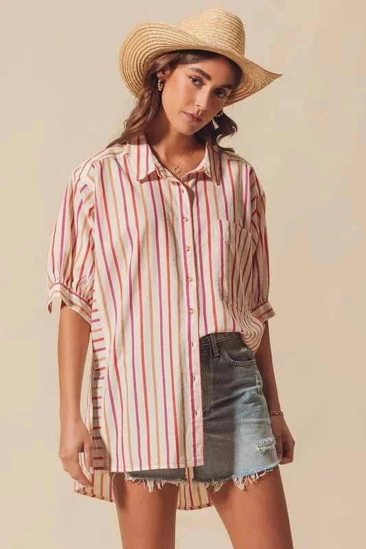 SO ME Multicolored Stripe Button Down Shirt - Trendsi
