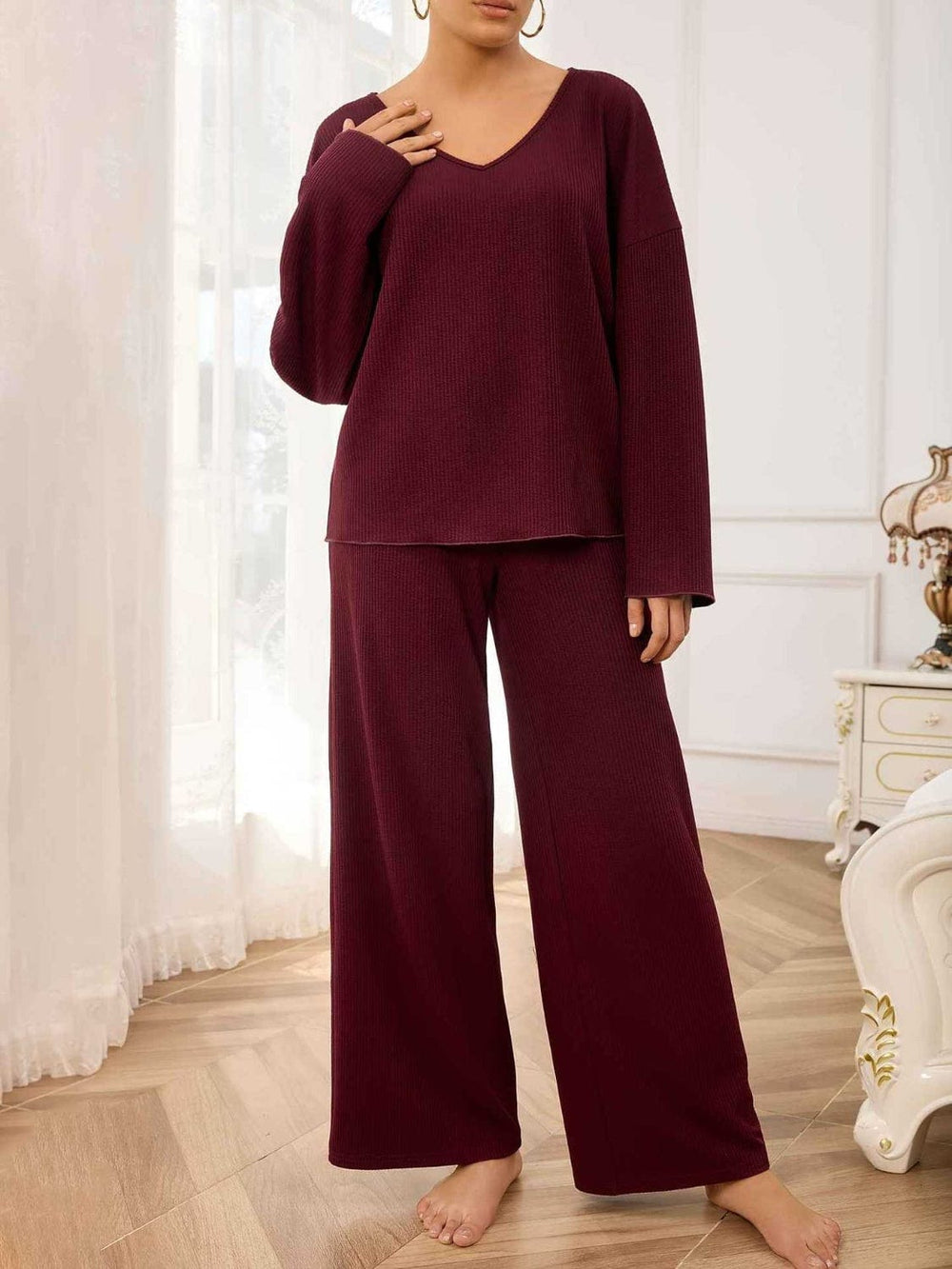 V-Neck Long Sleeve Top and Wide Leg Pants Set - Trendsi