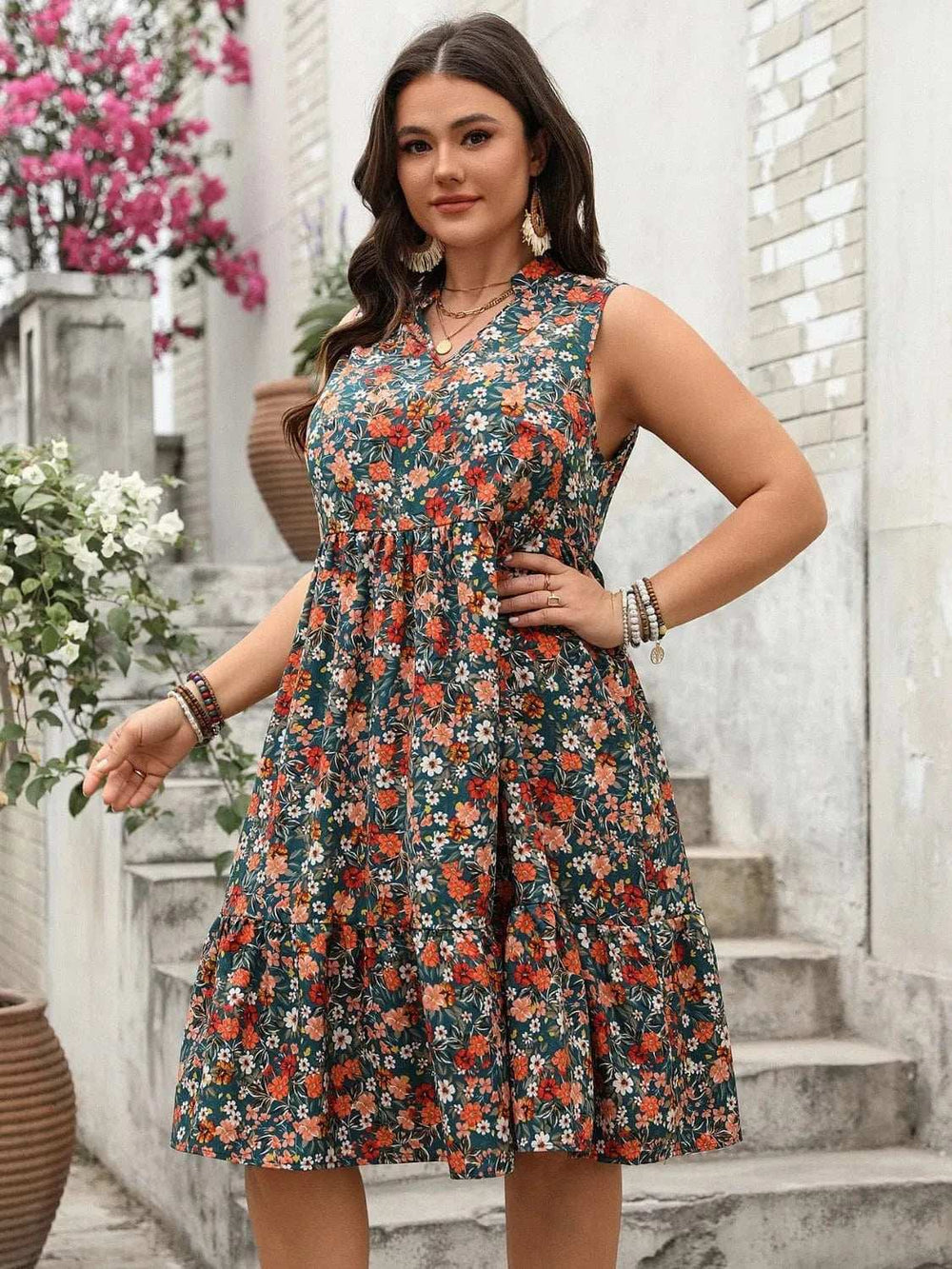 Plus Size Floral Notched Sleeveless Dress - Trendsi - Flyclothing LLC
