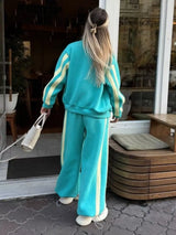 Contrast Striped Zip Up Top and Pants Set - Trendsi - Flyclothing LLC