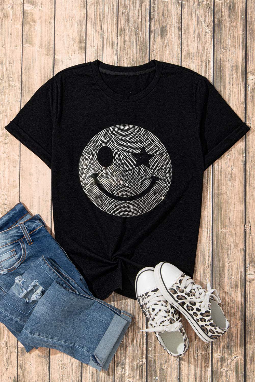 Rhinestone Smiley Round Neck Short Sleeve T-Shirt - Trendsi - Flyclothing LLC