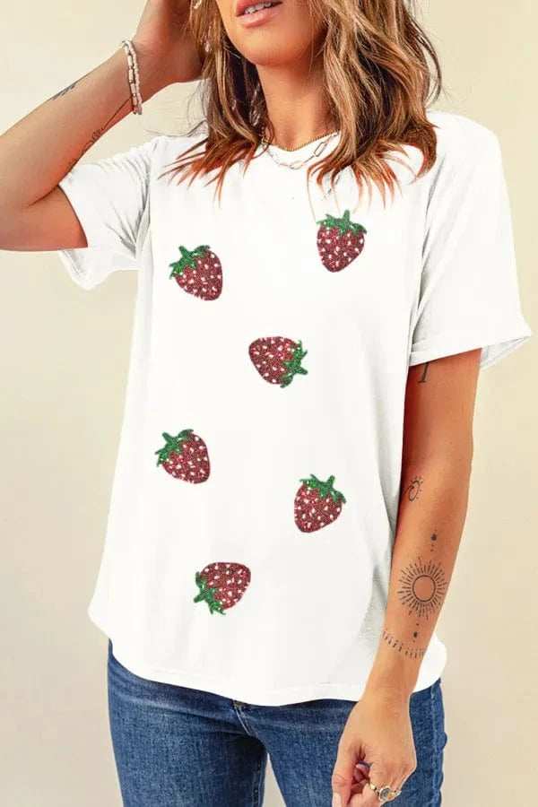 Sequin Strawberry Crew Neck Short Sleeve T Shirt - Trendsi - Flyclothing LLC