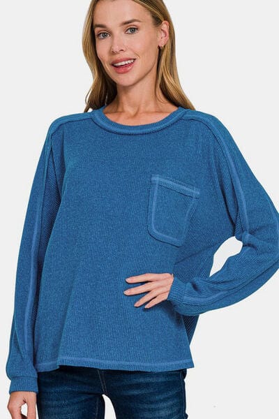 Zenana Full Size Contrast Stitching Brushed Ribbed Hacci Knit Top Plus Size - Trendsi