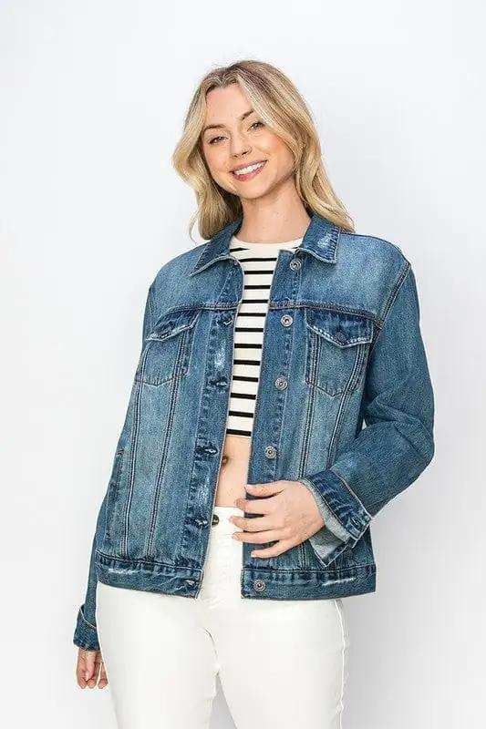 RISEN Full Size Distressed Button Up Jacket - Trendsi - Flyclothing LLC