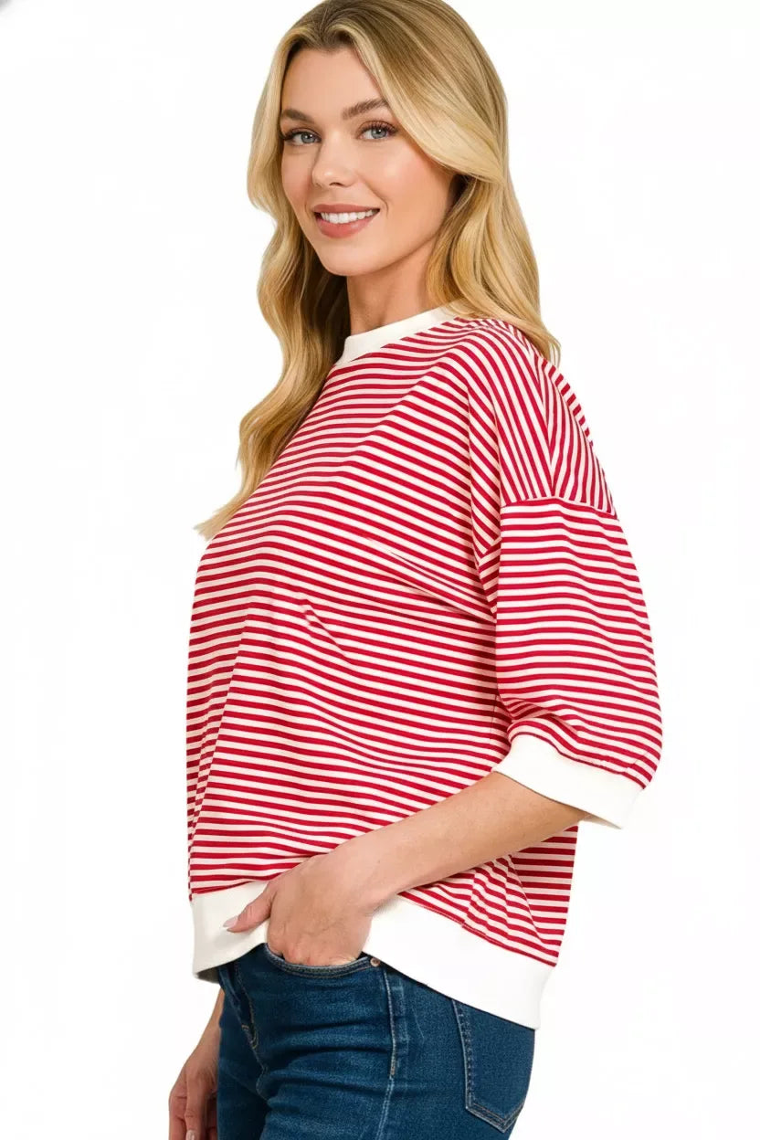 Zenana Striped Contrast Trim Banded Bottom Top - Trendsi - Flyclothing LLC