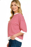Zenana Striped Contrast Trim Banded Bottom Top - Trendsi - Flyclothing LLC