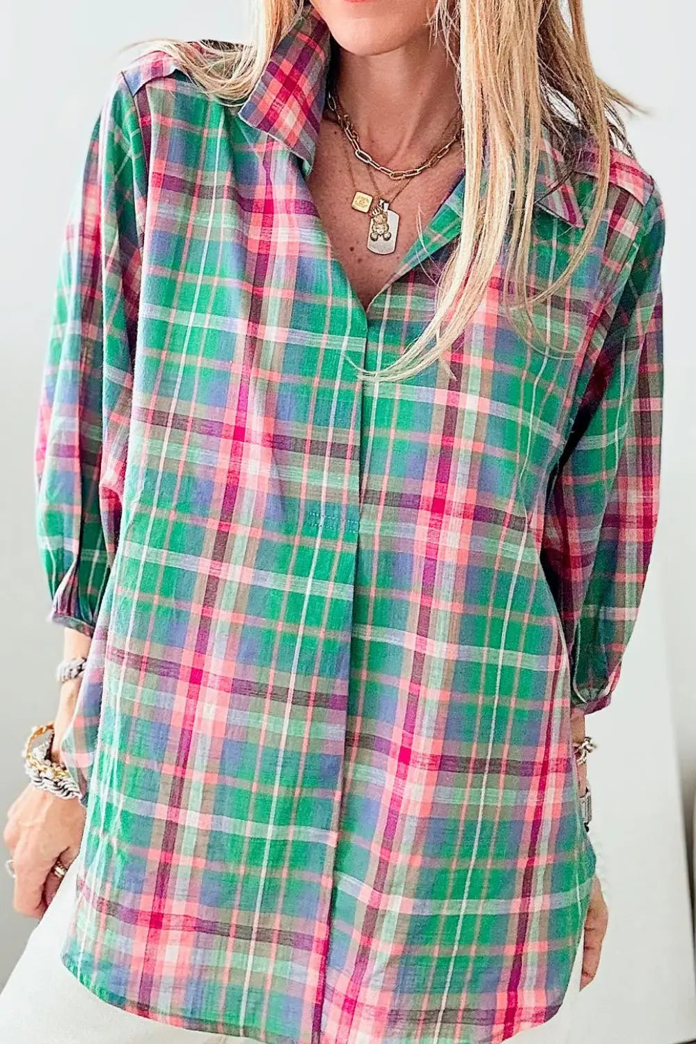 Plaid Collared Neck Three-Quarter Sleeve Shirt - Trendsi - Flyclothing LLC