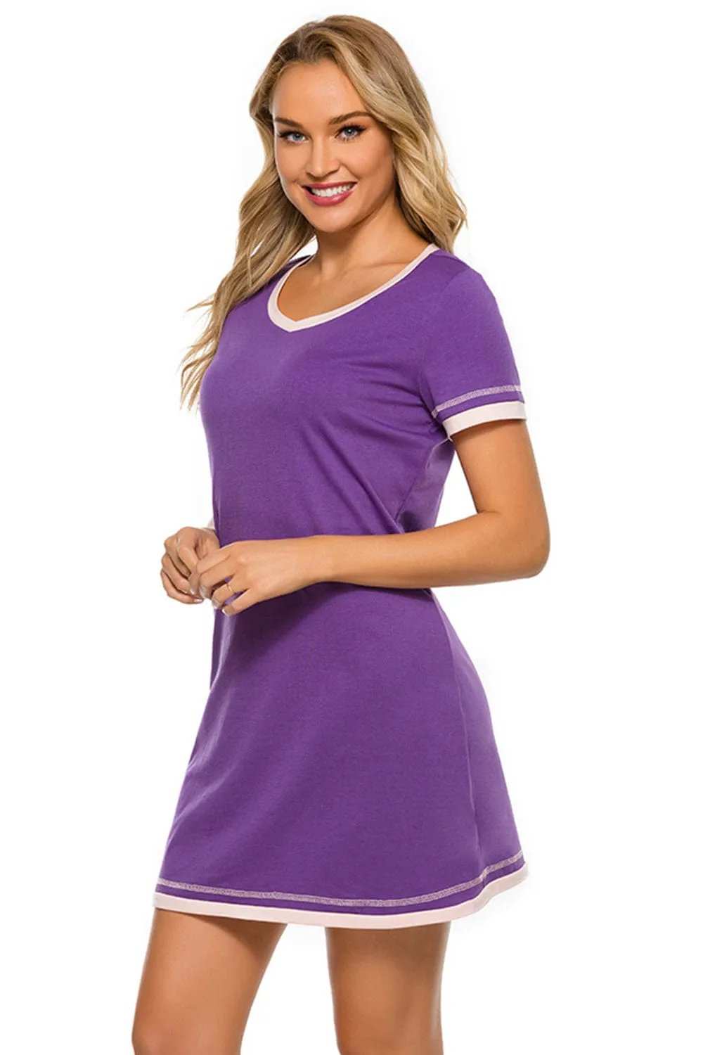 Contrast Trim Short Sleeve Lounge Dress - Trendsi - Flyclothing LLC