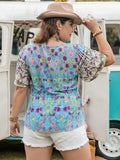 Plus Size Ruched Lace Detail Printed V-Neck Short Sleeve Blouse - Trendsi