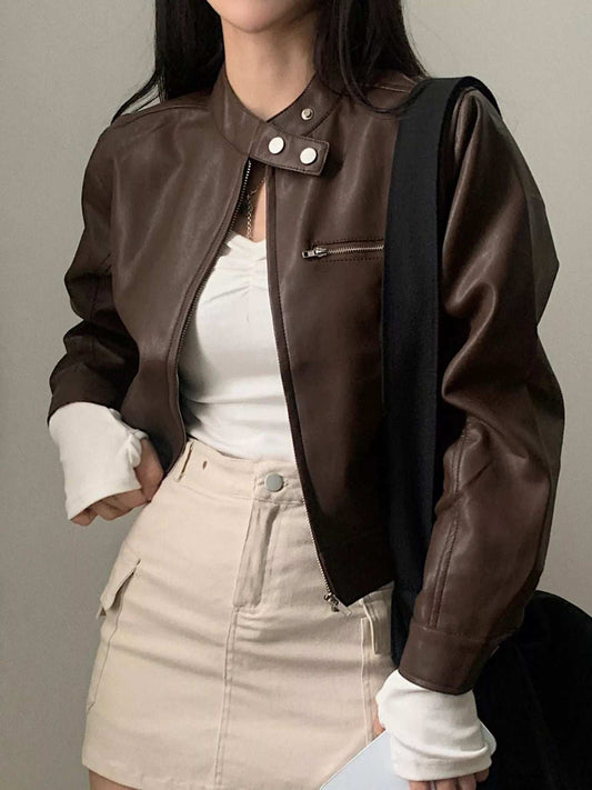 Cropped Zip Up Leather Jacket - Trendsi - Flyclothing LLC