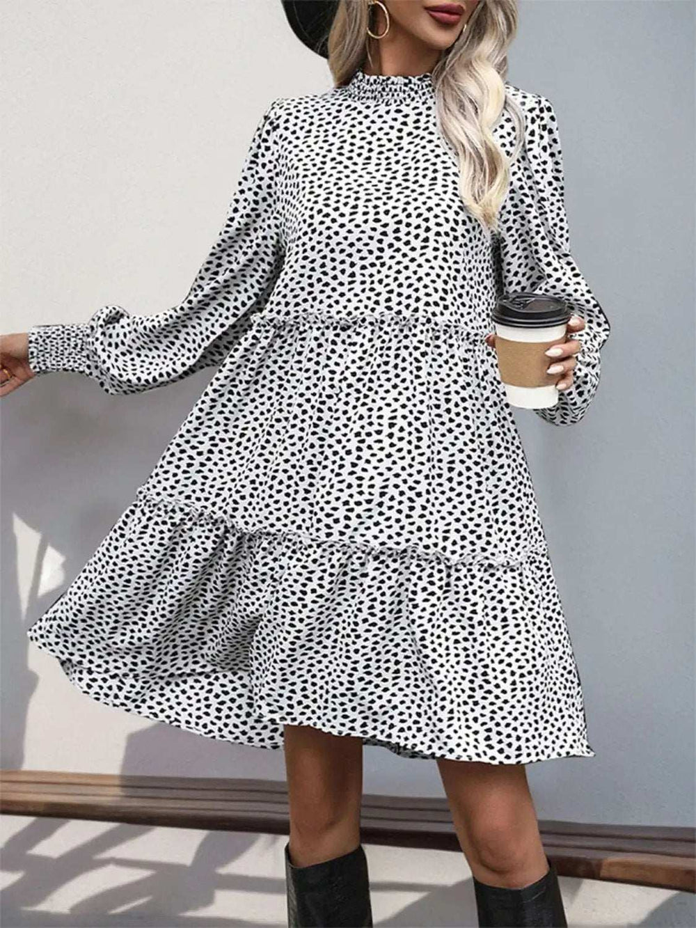 Frill Printed Mock Neck Long Sleeve Mini Dress - Trendsi - Flyclothing LLC