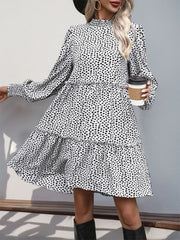 Frill Printed Mock Neck Long Sleeve Mini Dress - Trendsi