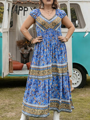 Plus Size Smocked Printed Cap Sleeve Dress - Trendsi
