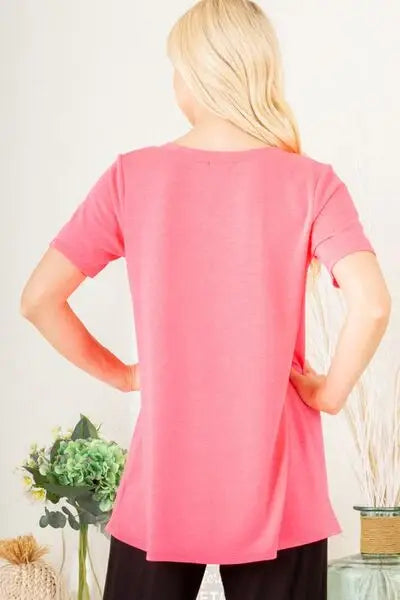 Heimish Full Size V-Neck Short Sleeve T-Shirt with Bar Detail Plus Size - Trendsi - Flyclothing LLC