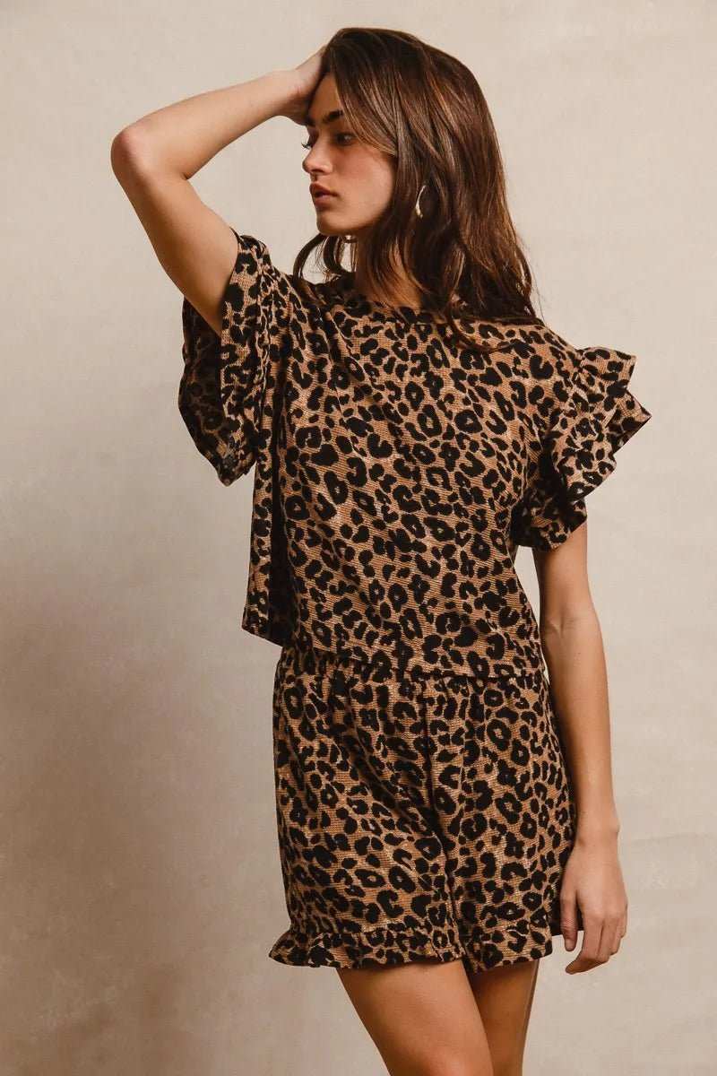 BiBi Leopard Print Waffle Texture Layered Ruffle Sleeve Top and Shorts Set - Trendsi - Flyclothing LLC