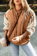 Contrast Baseball Collar Snap Down Long Sleeve Jacket - Trendsi - Flyclothing LLC