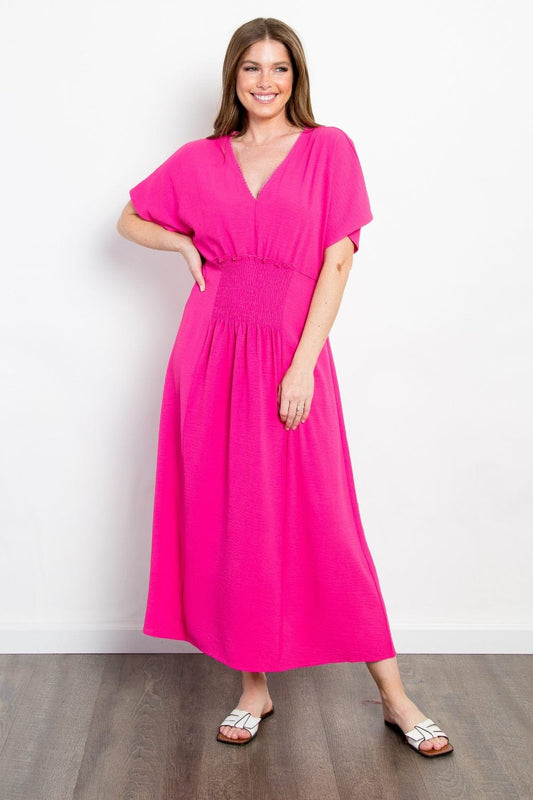 Be Stage Full Size Shirred Front Short Sleeve Maxi Dress - Trendsi