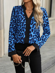 Leopard Notched Long Sleeve Blouse - Trendsi