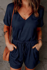 Full Size Drawstring V-Neck Short Sleeve Romper - Trendsi - Flyclothing LLC