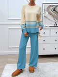 Devine Slit Striped Round Neck Top and Pants Sweater Set - Trendsi - Flyclothing LLC