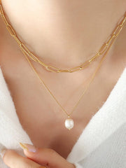 Freshwater Pearl Titanium Steel Double-Layered Necklace - Trendsi