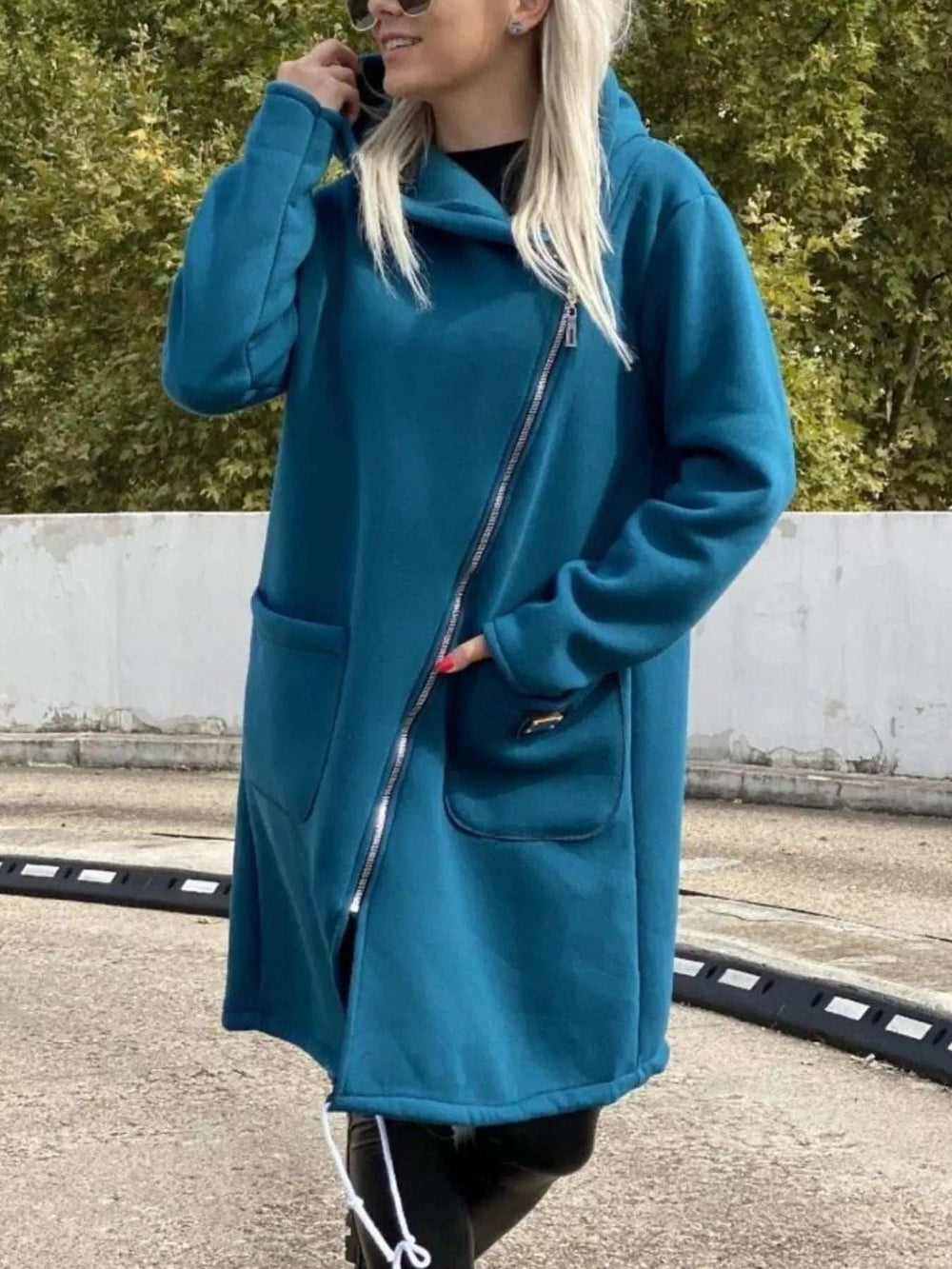 Full Size Asymmetrical Zip-Up Hooded Fleece Outerwear Plus Size - Trendsi - Flyclothing LLC