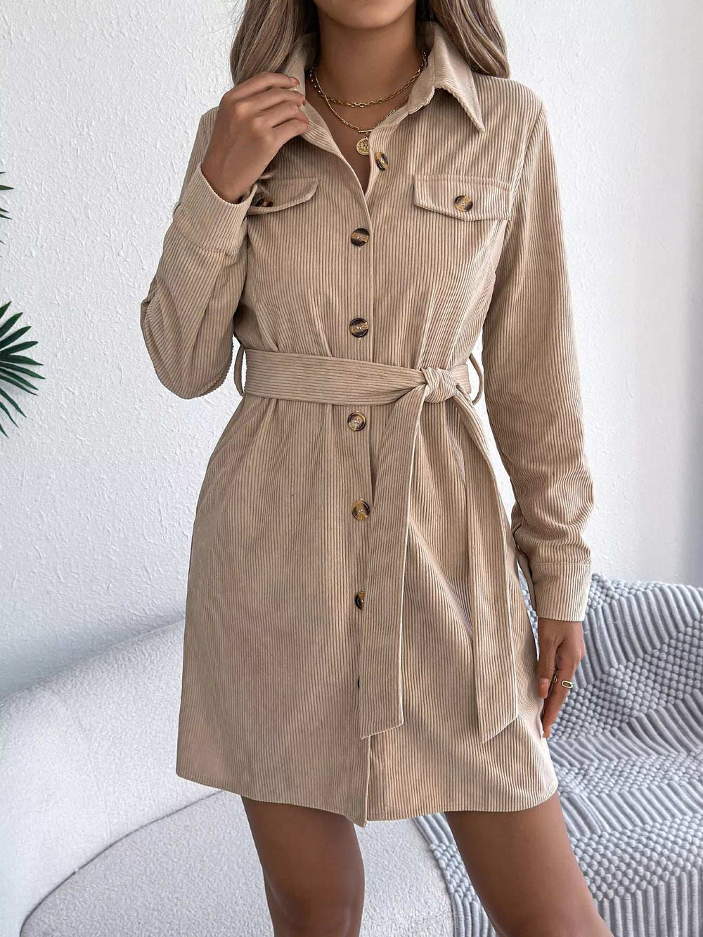 Button-Front Corduroy Shirt Dress - Trendsi - Flyclothing LLC