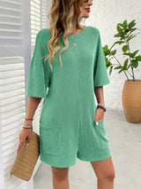 Backless Textured Round Neck Half Sleeve Romper - Trendsi - Flyclothing LLC