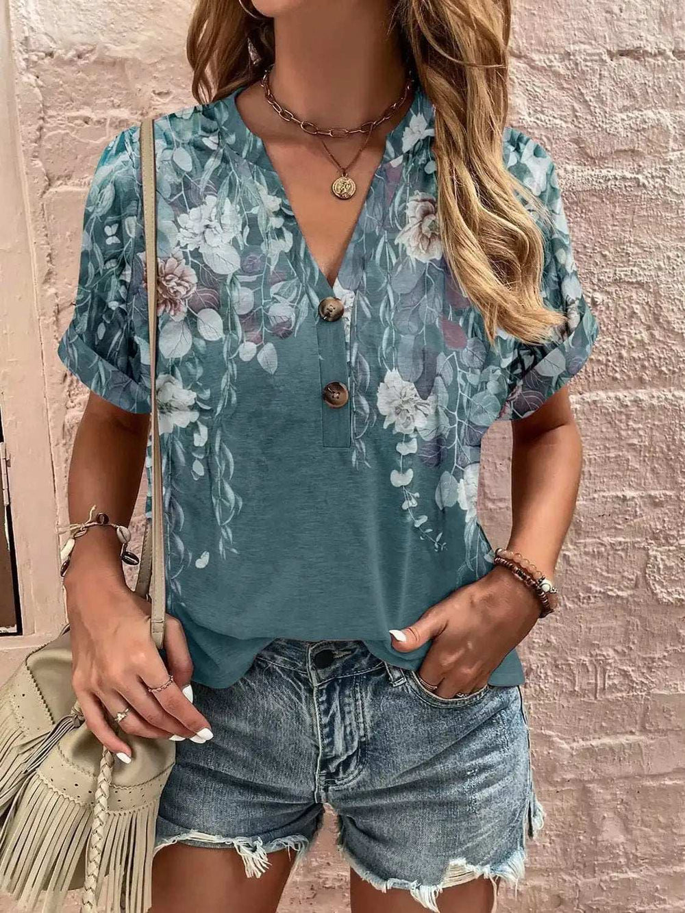 Full Size Printed Notched Short Sleeve Blouse - Trendsi - Flyclothing LLC
