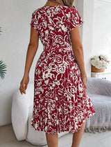 Tied Pleated Printed Short Sleeve Dress - Trendsi - Flyclothing LLC
