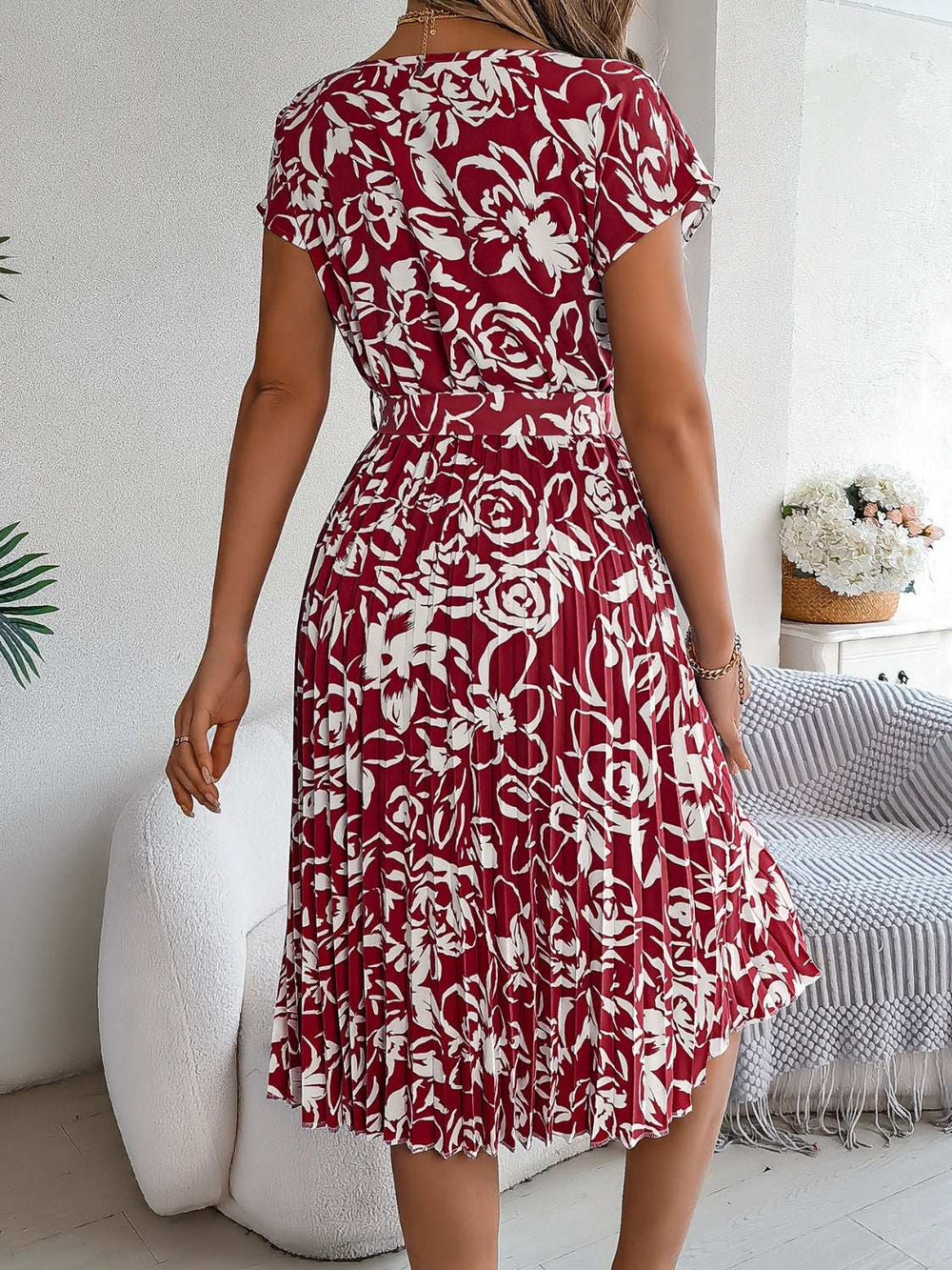 Tied Pleated Printed Short Sleeve Dress - Trendsi - Flyclothing LLC