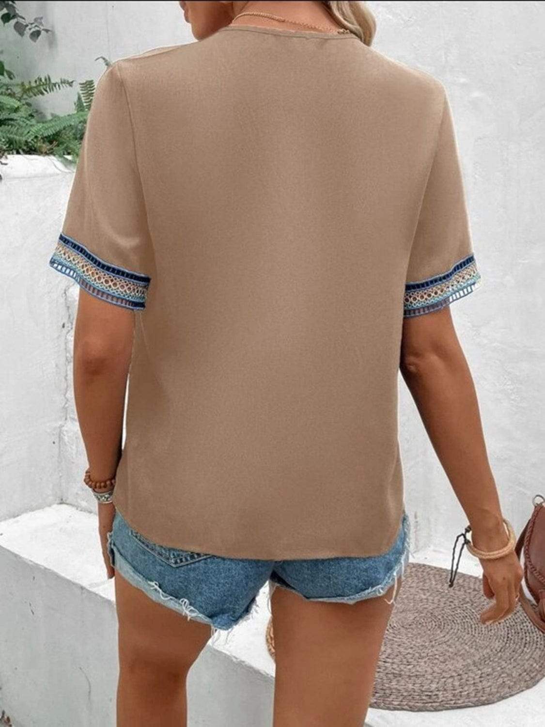 Full Size V-Neck Short Sleeve Blouse - Trendsi - Flyclothing LLC