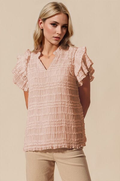 Oh Full Size Frill Notched Flounce Sleeve Blouse - Trendsi