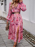Split Printed Surplice Long Sleeve Midi Dress - Trendsi - Flyclothing LLC