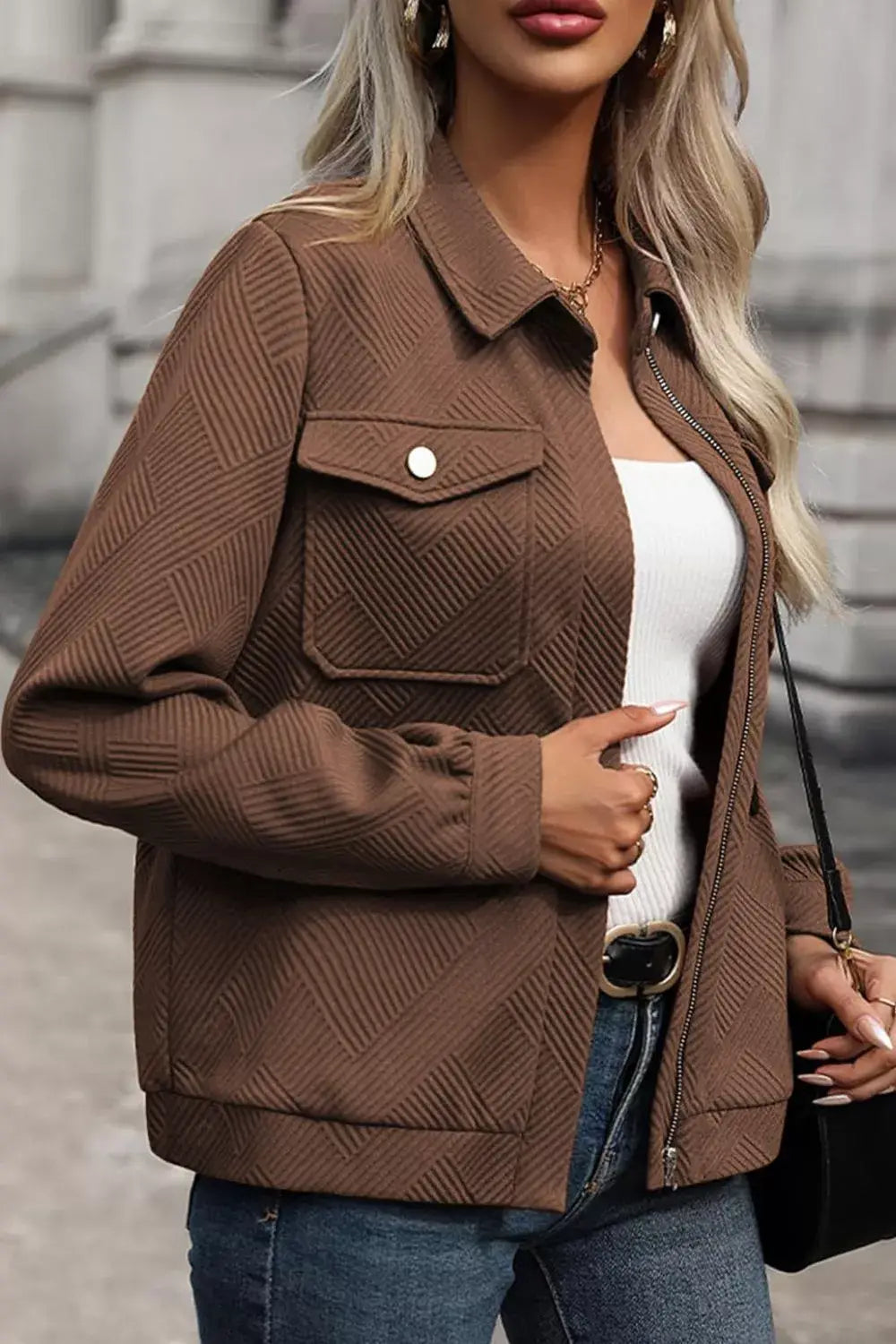 Solid Color Zip Up Button Flap Pocket Jackets - Trendsi - Flyclothing LLC